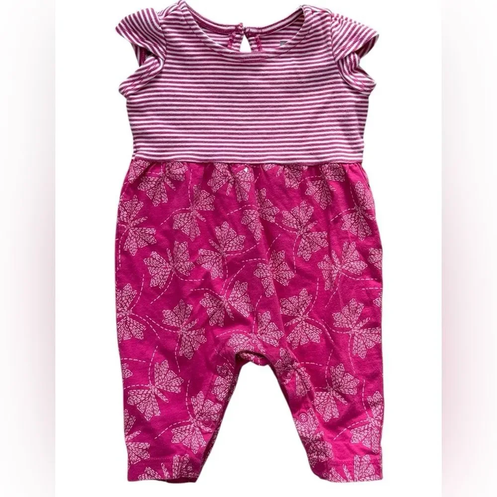 Tea Collection Baby Girls Short Sleeve Pink Striped One Piece Romper. 0-3 Months